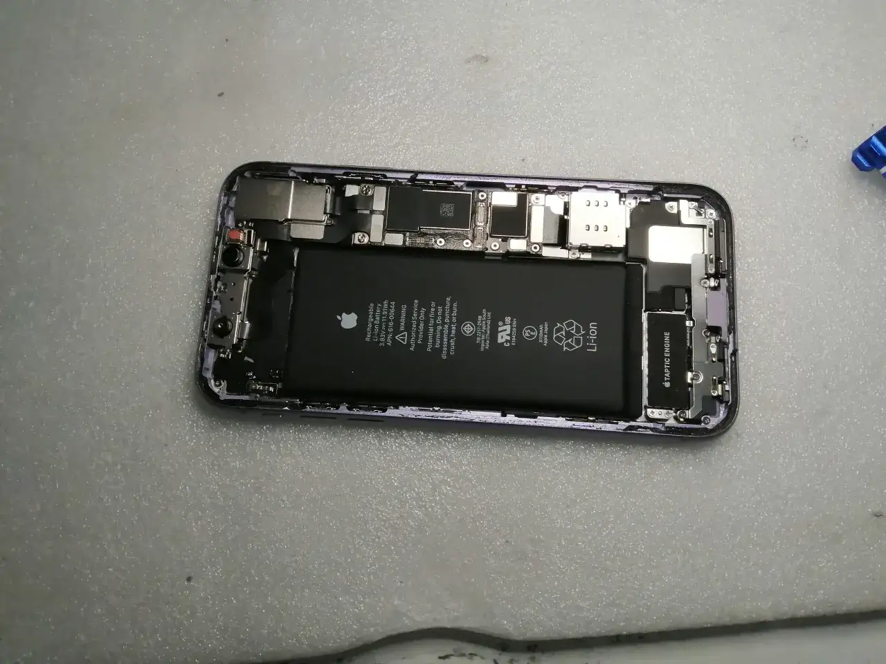 Wnętrze iPhone'a z widoczną baterią i elementami płyty głównej.