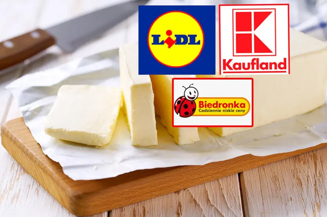 Masło na desce z logo Biedronki, Lidla i Kauflanda.