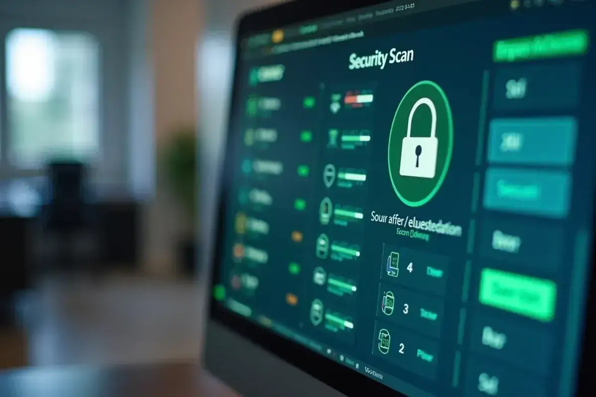 Ekran komputera z programem do skanowania bezpieczeństwa. Widoczny komunikat "Security Scan" i ikona kłódki. Program może pomóc w kwestii jak zaktualizować sterowniki.