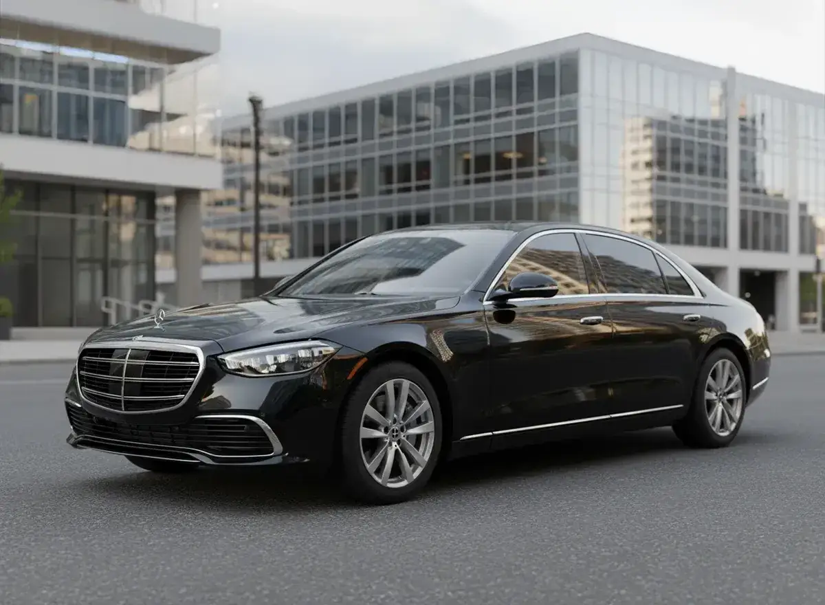 Czarny luksusowy sedan na tle nowoczesnych budynków.