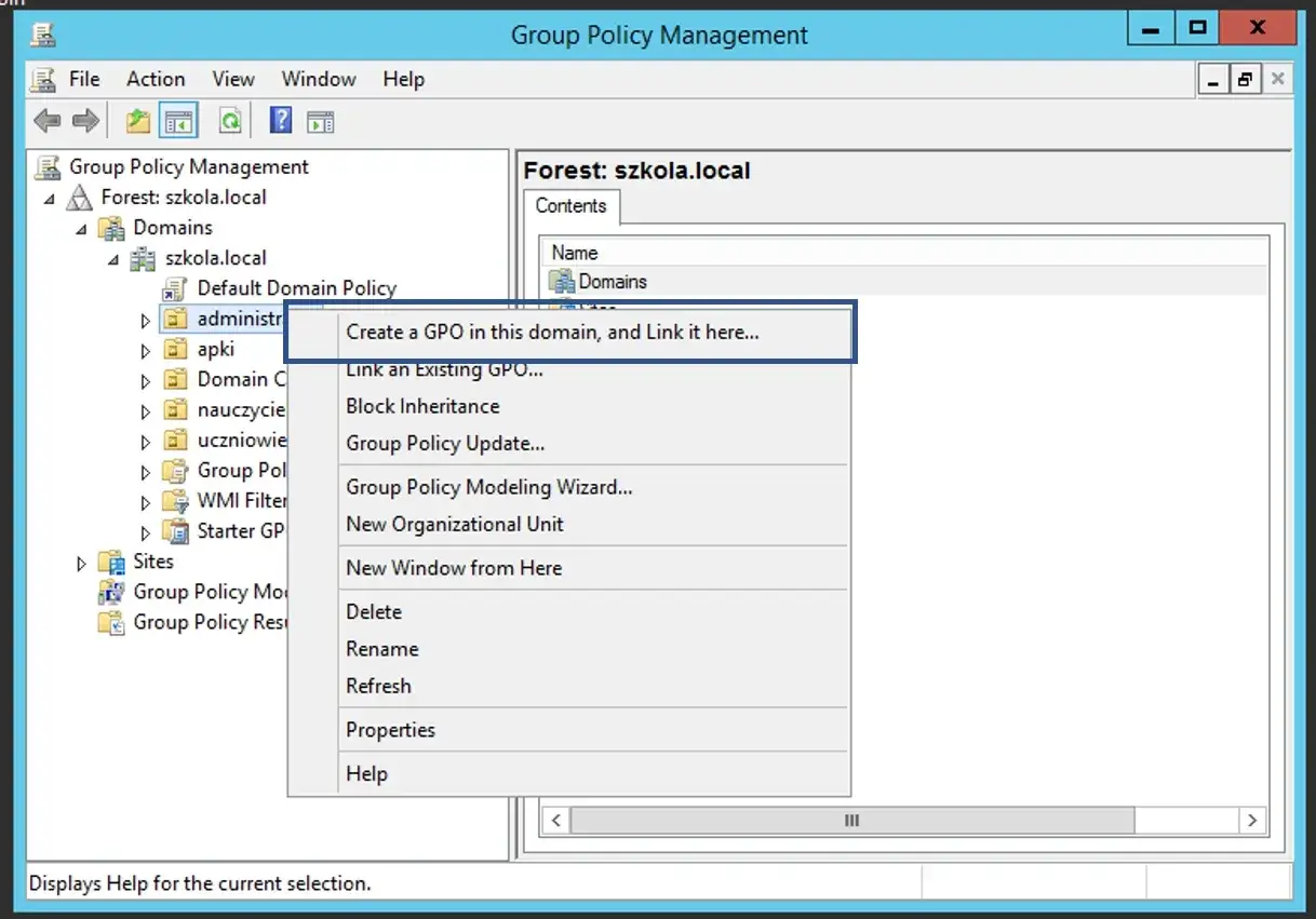 Zarządzanie zasadami grupy w Windows. Menu kontekstowe oferuje opcję "Utwórz GPO w tej domenie i połącz ją tutaj...", co pozwala na zarządzanie politykami.