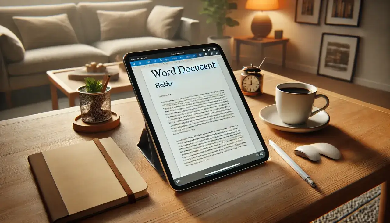 Tablet z dokumentem Word, notatnik, kawa i myszka na drewnianym biurku.