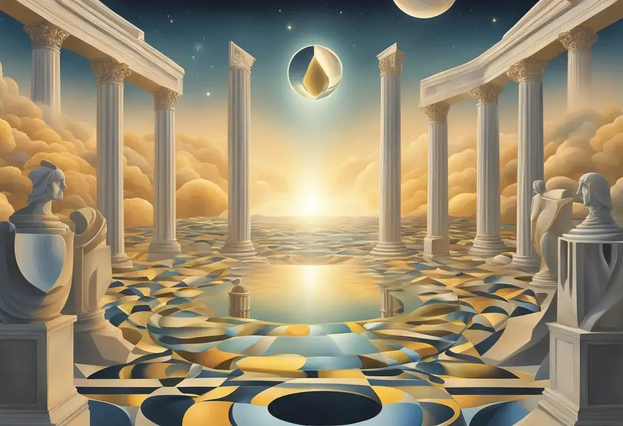 Surrealny topos: antyczne kolumny, falujące geometryczne wzory, niebo z księżycem i złotą łzą.