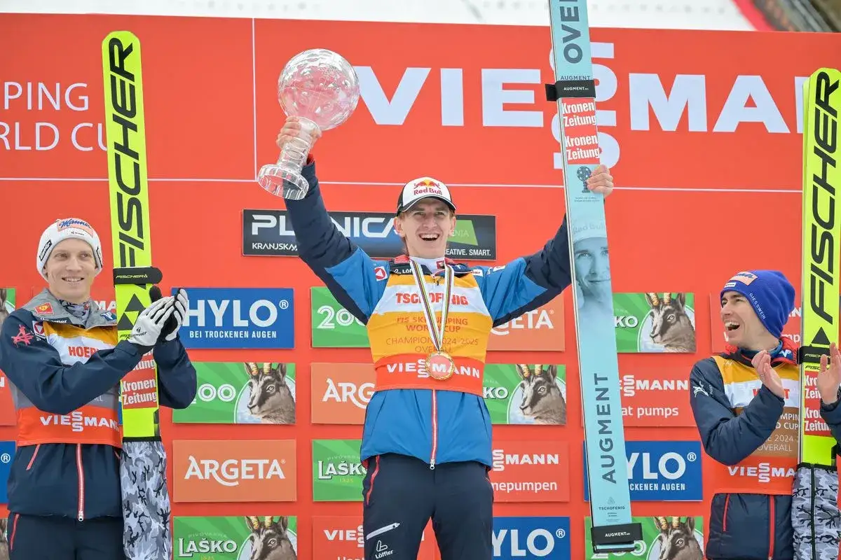 Trzech skoczków narciarskich na podium, jeden z pucharem i nartami, na tle czerwonej ściany z logo.