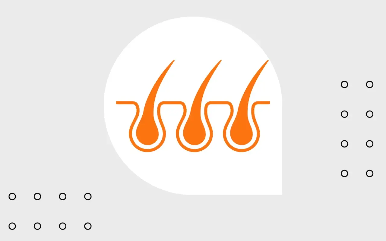 Grafika symbolizująca analizę pierwiastkową włosa. Trzy pomarańczowe włosy wyrastające ze skóry.