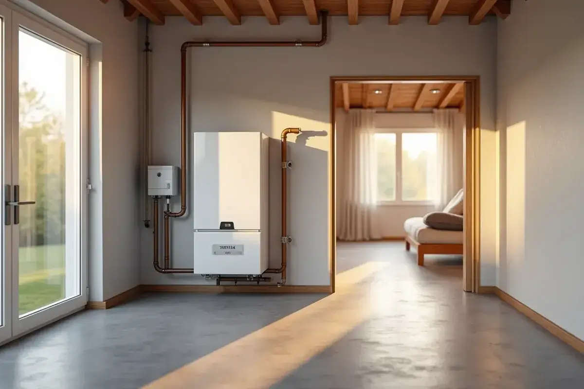 Nowoczesny piec gazowy 25 kW, idealny do ogrzania domu o powierzchni do 250 m². Widoczny w pomieszczeniu z oknem i drzwiami.