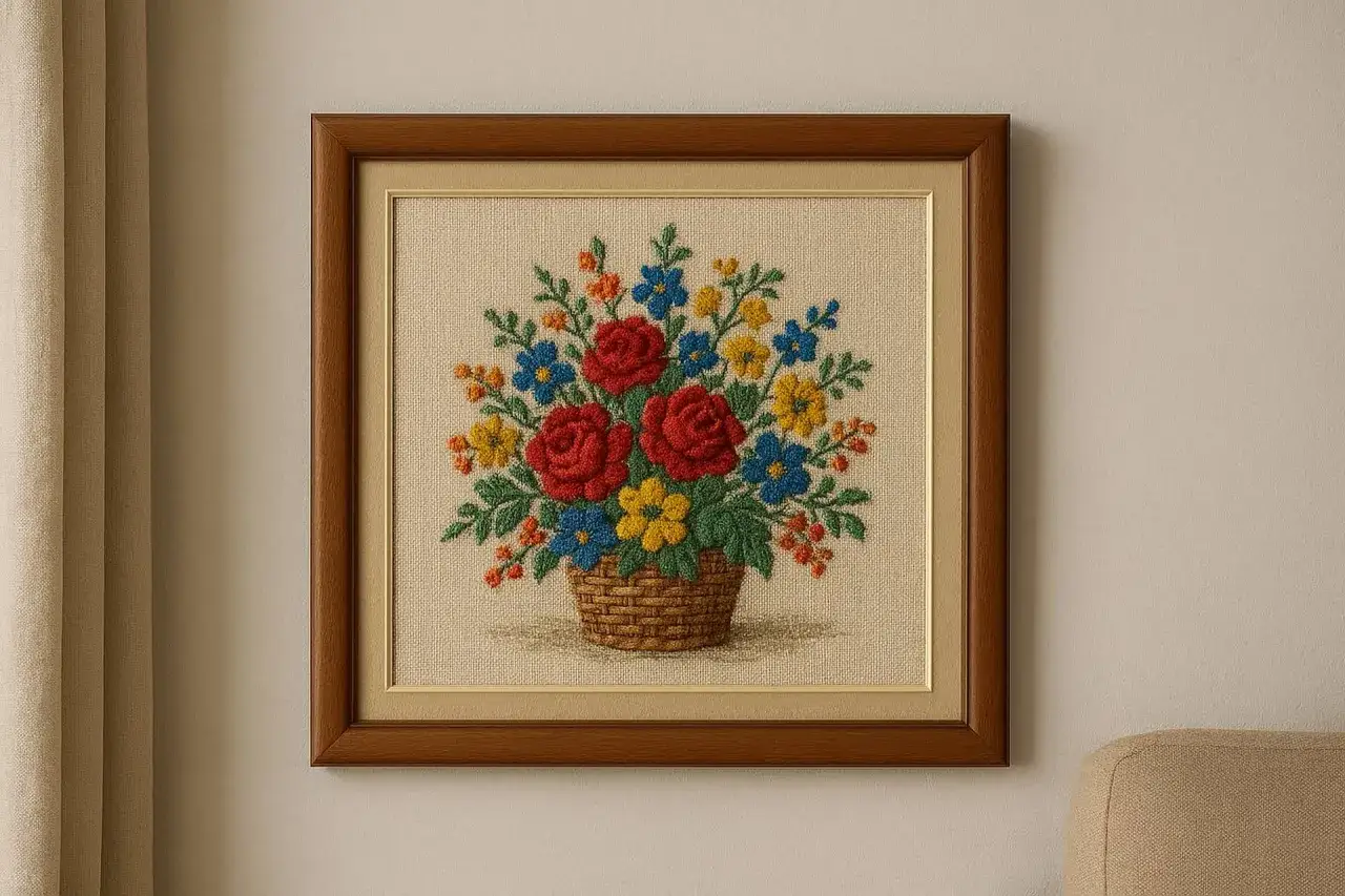 Obraz haftowany z bukietem czerwonych róż, niebieskich i żółtych kwiatów w koszyku. Dowiedz się, jak wycenić obraz haftowany.