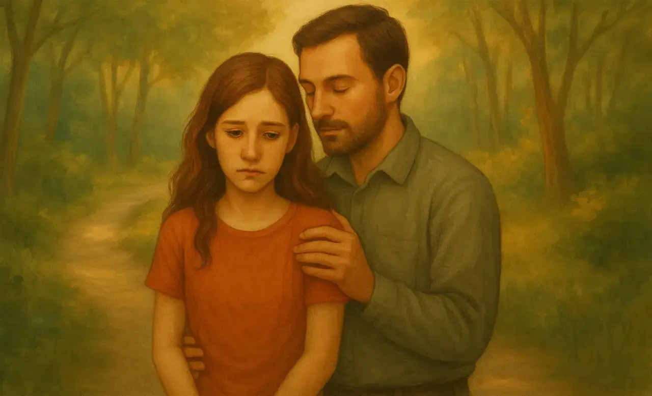 Mężczyzna obejmuje smutną dziewczynę w lesie.