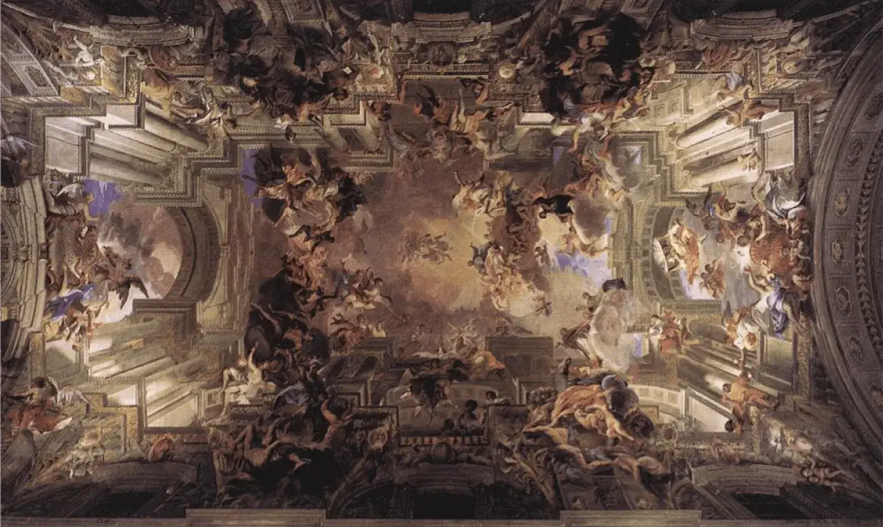 Barokowy fresk iluzjonistyczny na suficie kościoła z postaciami aniołów i ludzi w chmurach.