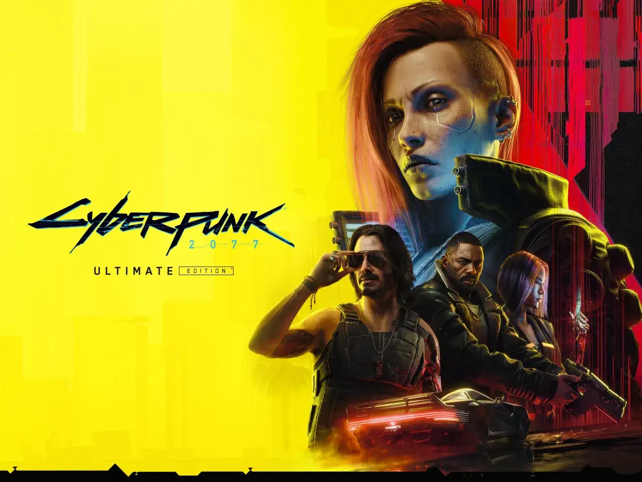 Postacie z gry Cyberpunk 2077: V, Johnny Silverhand, Idris Elba i inni, na tle żółto-czerwonej grafiki.