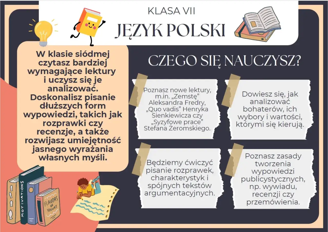 W siódmej klasie poznasz nowe lektury, nauczysz się analizować bohaterów, pisać rozprawki i recenzje.