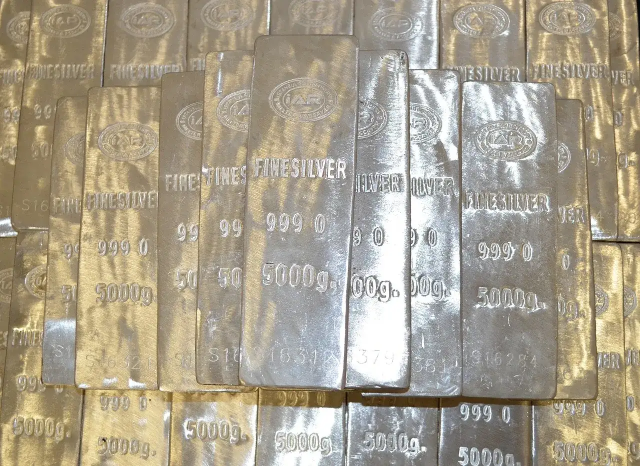 Sztabki srebra z napisem "FINESILVER" i wagą 5000g.