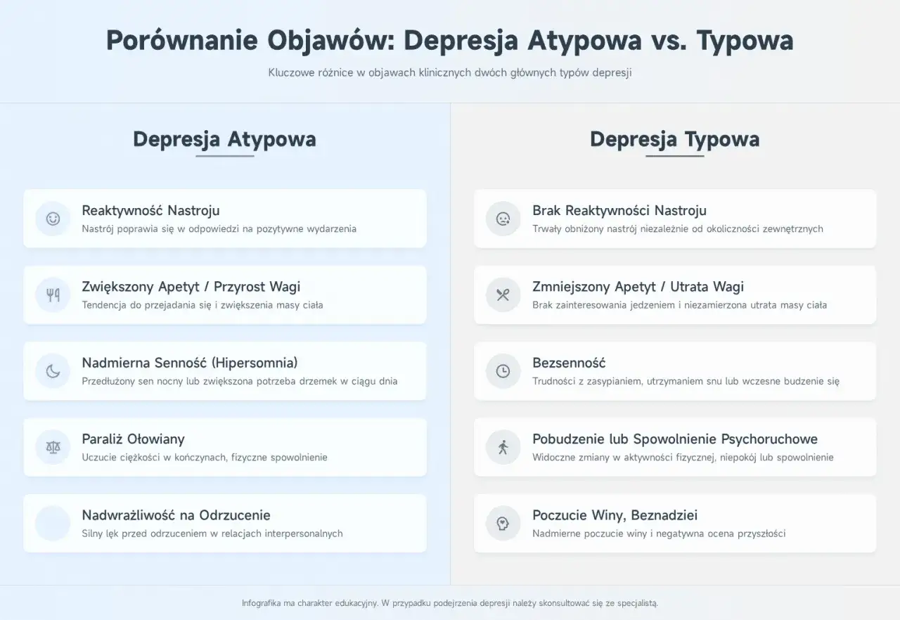 Porównanie objawów depresji: atypowa (reaktywny nastrój, zwiększony apetyt) vs. typowa (brak reaktywności, obniżony nastrój).