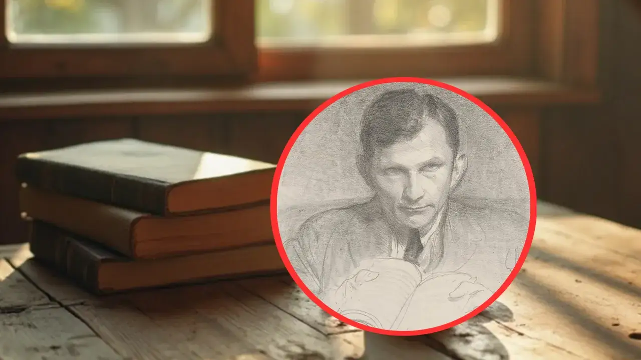 Ołówek portret mężczyzny czytającego książkę, obok stosu starych ksiąg na drewnianym stole.