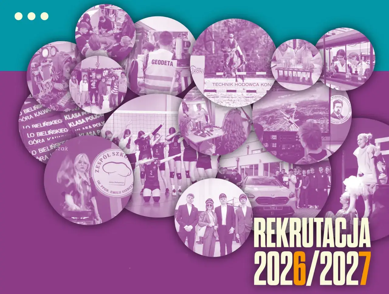 Kiedy wyniki rekrutacji do szkół średnich: kola z siatkarkami, jeźdźcem, geodetą, uczniami w laboratoriach i symulatorze lotu.