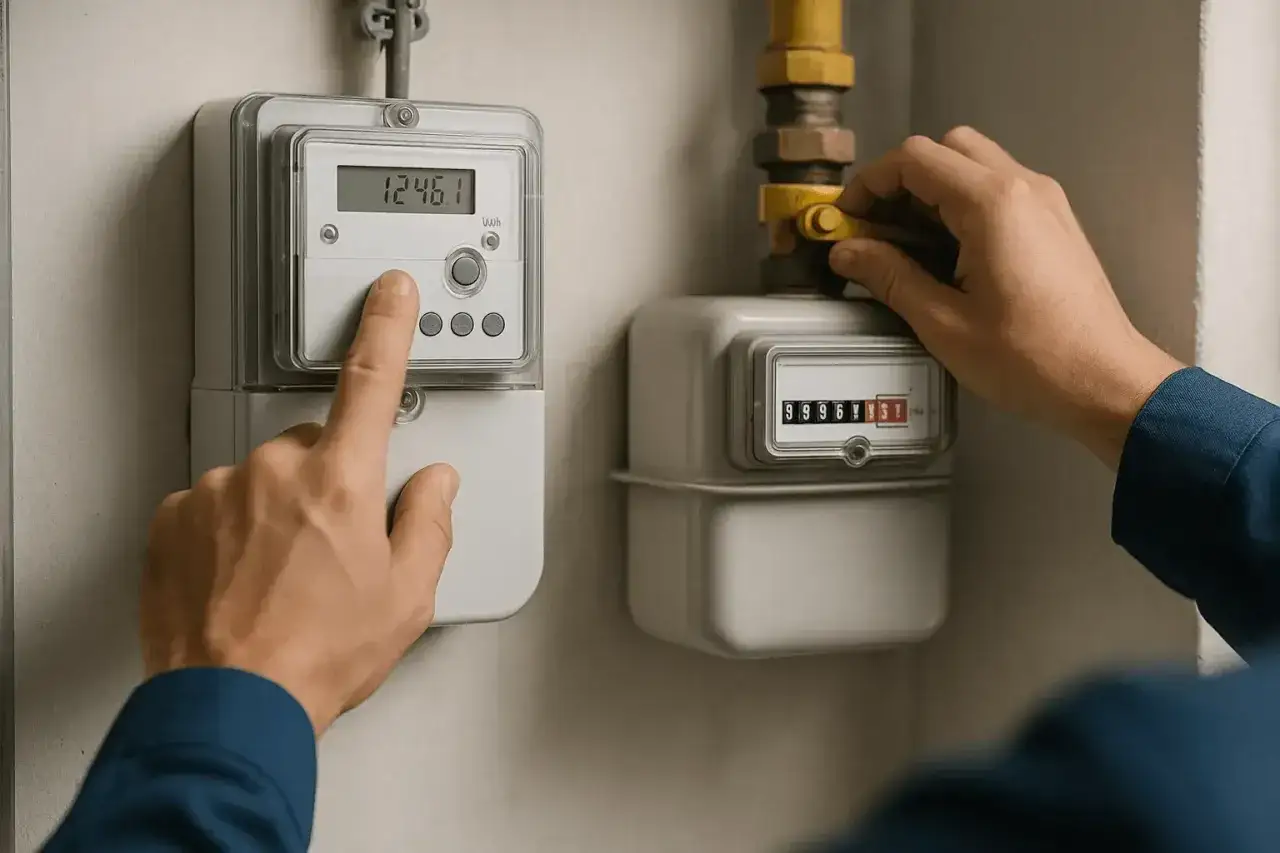 Ręka naciska przycisk licznika energii elektrycznej, obok którego znajduje się licznik gazu. Może to być związane z rozliczeniem według taryfy c12a.