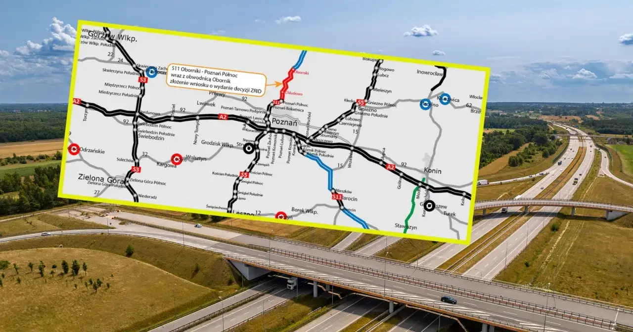Mapa drogowa z zaznaczonym Poznaniem i trasą S11. Szukając odpowiedzi na pytanie, ile kilometrów jest z Poznania do Kołobrzegu, widzimy drogę S11 wiodącą na północ.
