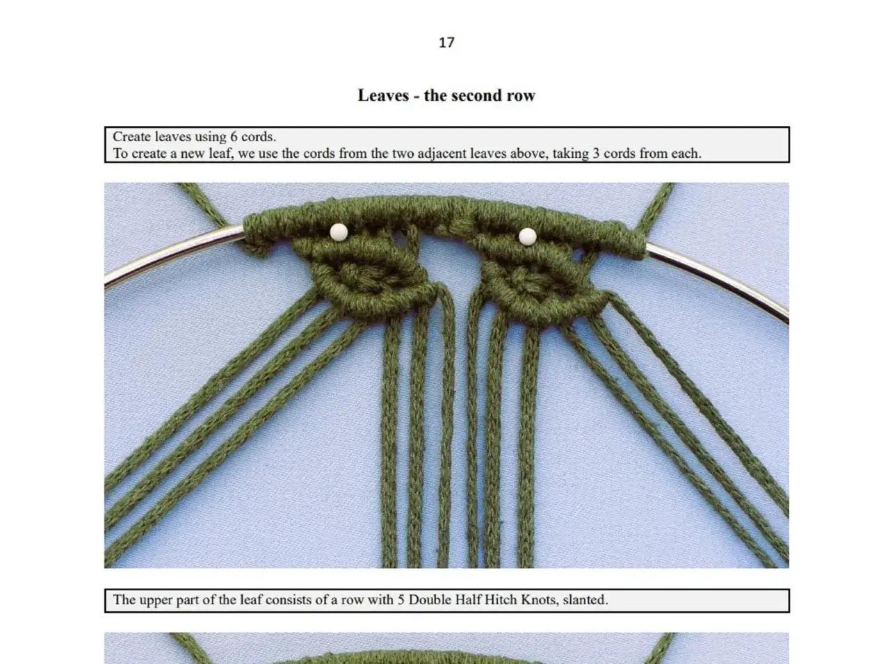 Makrama drzewo życia krok po kroku: tworzenie liści z zielonych sznurków przy użyciu węzłów.