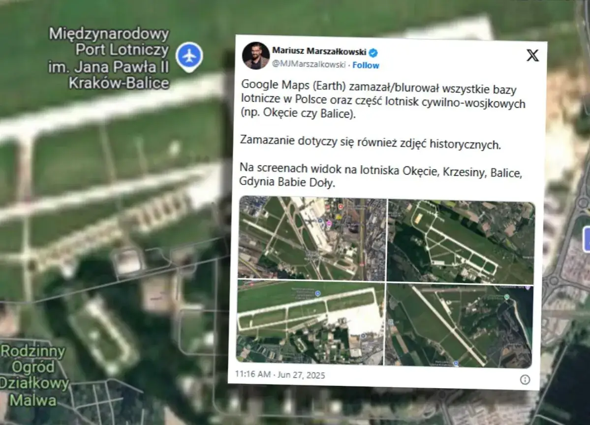 Google Maps zamazał lotniska w Polsce, w tym Okęcie i Balice. Na ekranach widok na kilka lotnisk, ale ile jest lotnisk w Polsce?