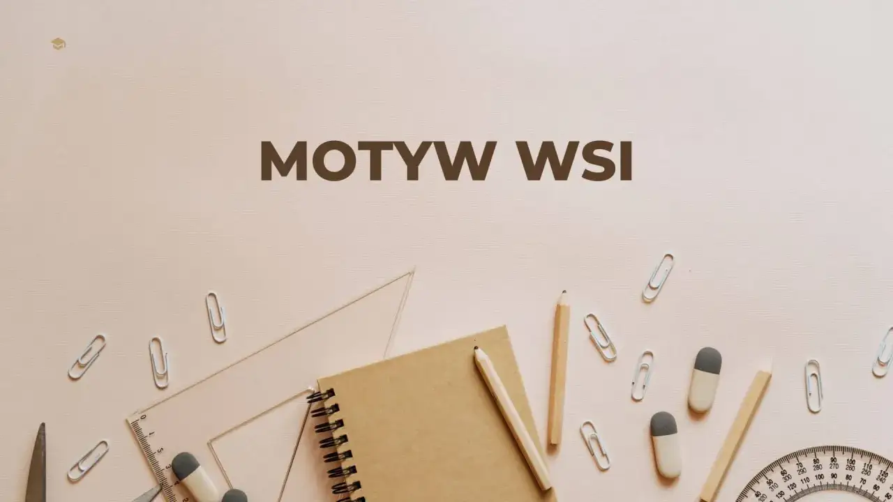 Motyw wsi w literaturze. Notatnik, ołówki, linijka i spinacze na jasnym tle.