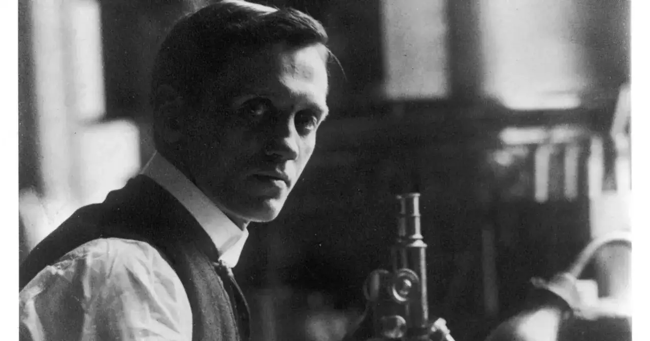 Alexander Fleming, naukowiec, który odkrył, jak wynaleziono penicylinę, z mikroskopem.