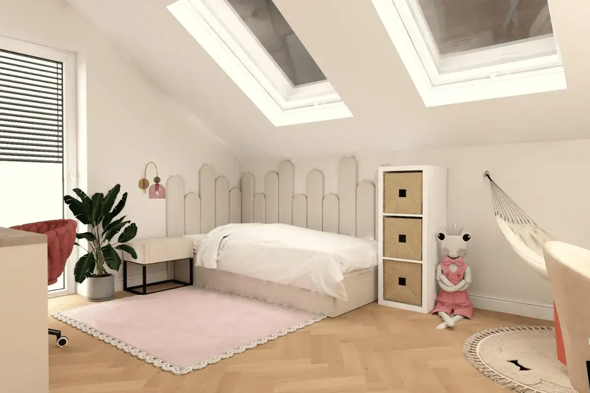 Przytulne pokoje na poddaszu dla nastolatków. Jasne wnętrze z łóżkiem, hamakiem i pluszową zabawką.