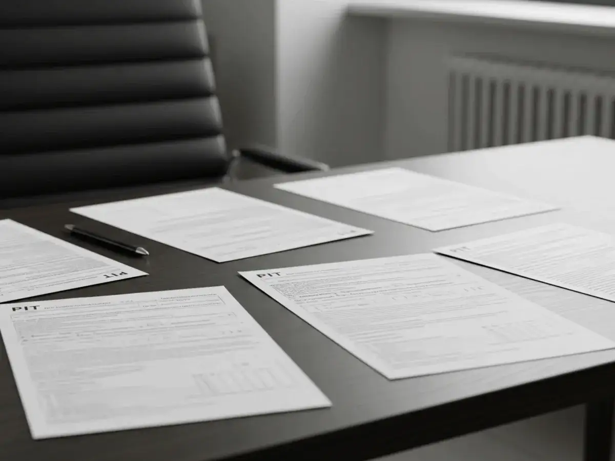 Czarno-białe zdjęcie dokumentów PIT i długopisu na biurku.