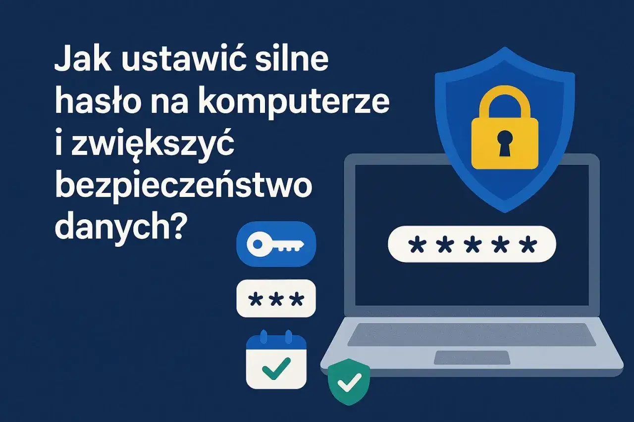 Jak ustawić hasło na komputerze? Ilustracja pokazuje laptop z polem hasła, ikonę klucza, gwiazdki i symbol tarczy z kłódką.