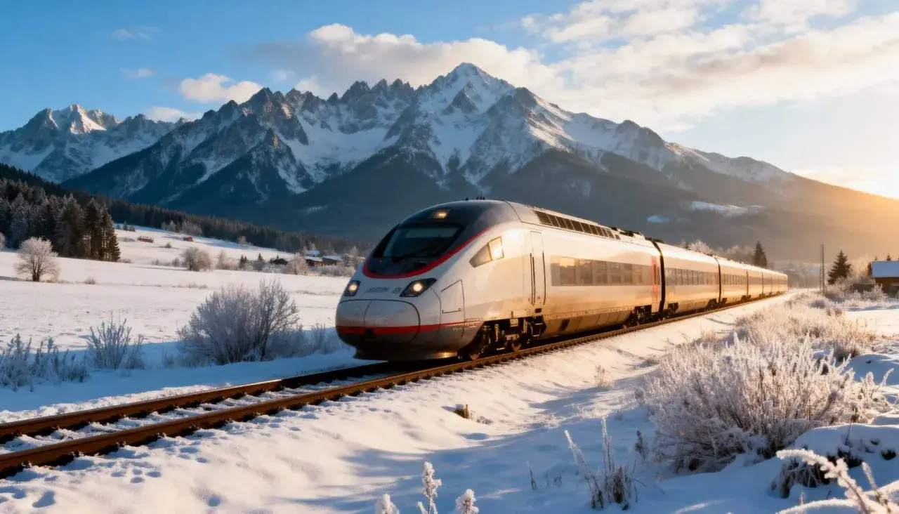 Szybki pociąg mknie przez ośnieżony krajobraz. W tle majestatyczne, ośnieżone góry. Idealny widok, kiedy pociągiem do Zakopanego.