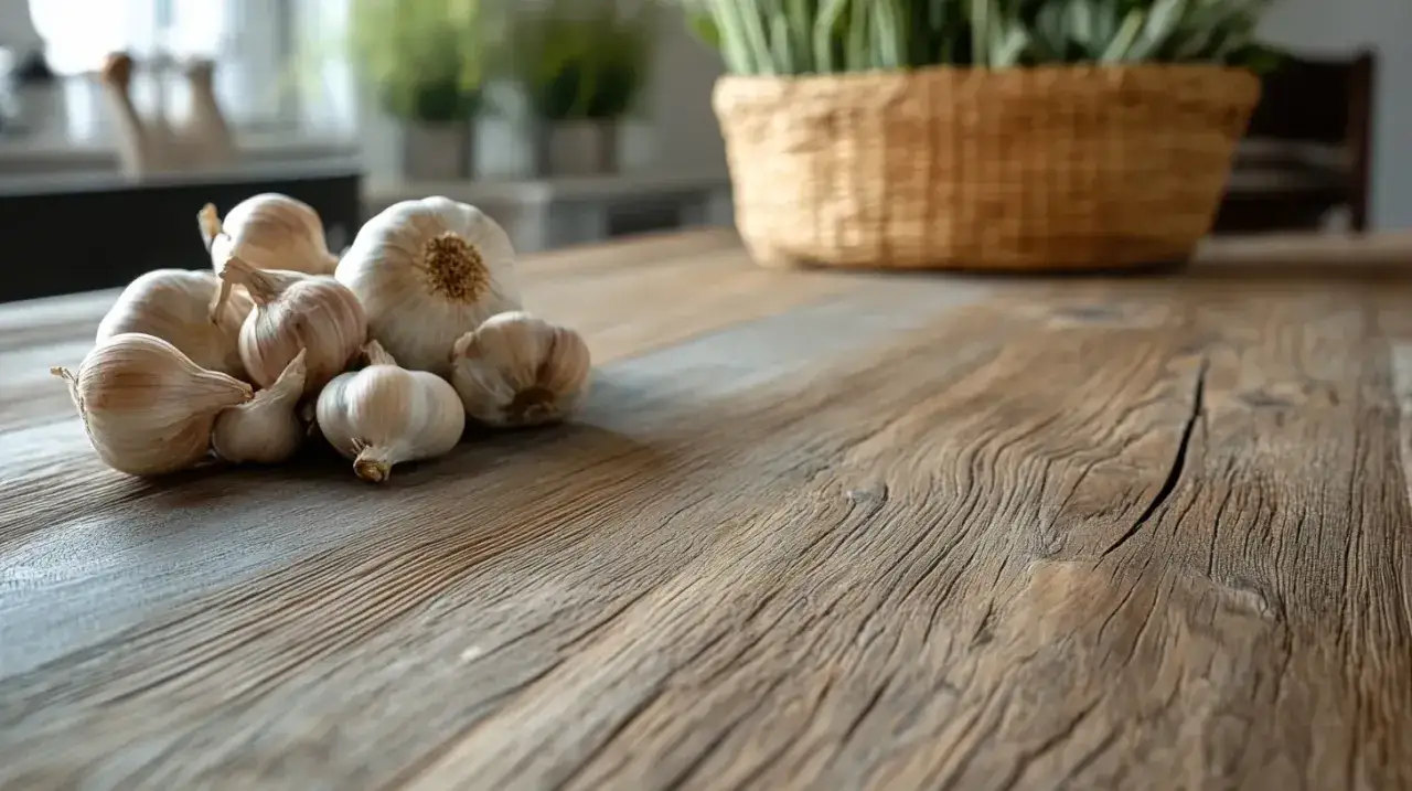 Główki czosnku na drewnianym stole. Czy czosnek szkodzi na wątrobę? Warto to sprawdzić, zanim dodasz go do potraw.