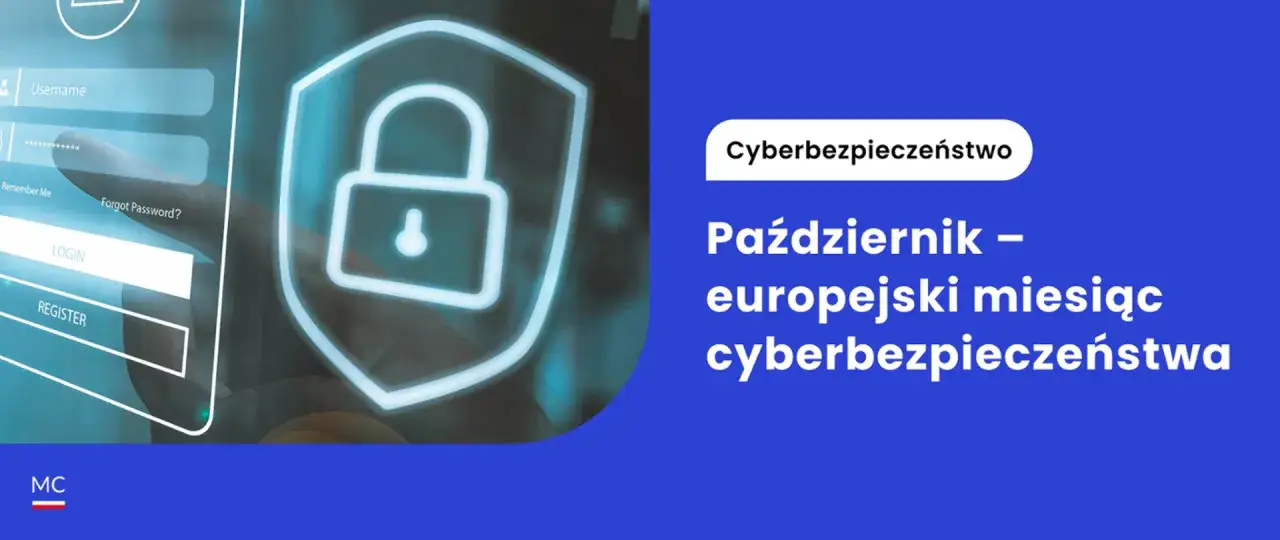Palec dotyka ekranu z formularzem logowania, obok symbolu kłódki na tarczy. Październik to europejski miesiąc cyberbezpieczeństwa, przypominający o zasadach bezpiecznego internetu.
