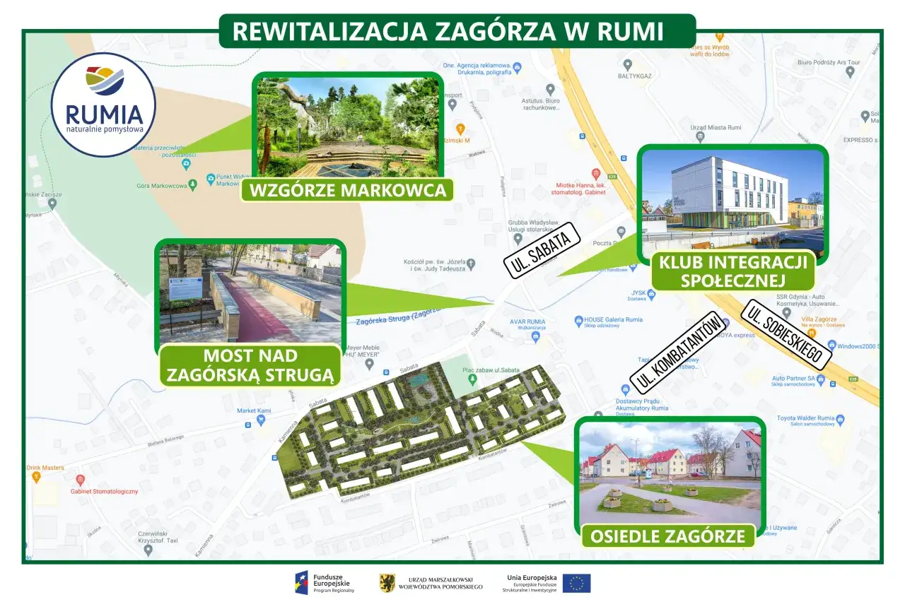 Mapa pokazuje rewitalizację Zagórza w Rumi. Znajduje się tu Wzgórze Markowca, Most nad Zagórską Strugą i Osiedle Zagórze.