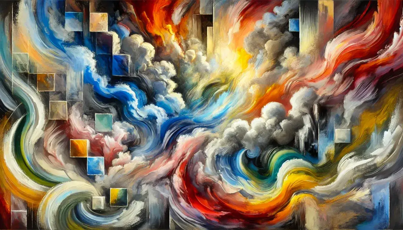 Dynamiczne pociągnięcia pędzla tworzą wiry kolorów: błękitu, czerwieni, żółci i bieli. To jest abstrakcja, gdzie forma i kolor opowiadają historię.