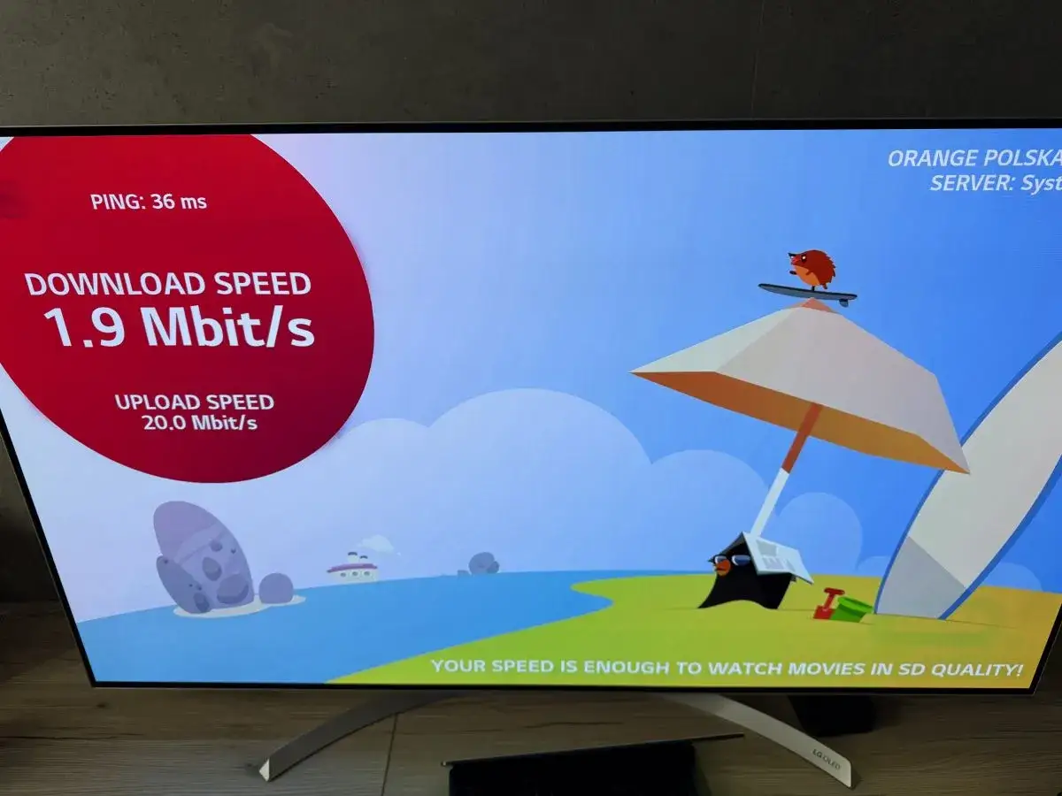 Test prędkości Orange Polska na telewizorze LG. Wynik 1.9 Mbit/s, wystarczający do oglądania filmów w jakości SD.