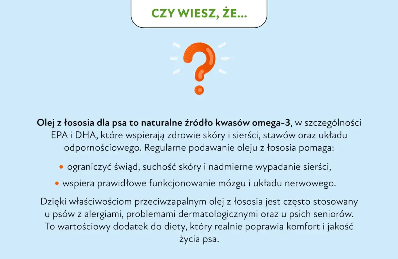 Olej z łososia dla psa to naturalne źródło kwasów omega-3, wspierające skórę, sierść i stawy. Pomaga ograniczyć świąd i wypadanie sierści.