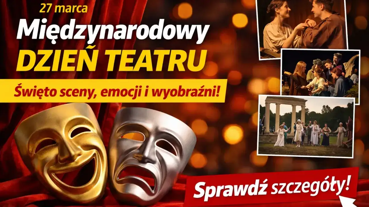 27 marca Międzynarodowy Dzień Teatru. Maseczki komedii i tragedii, sceny z przedstawień. Teatr to święto sceny, emocji i wyobraźni!