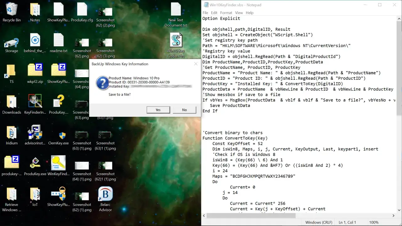 Jak sprawdzić klucz Windows 10? Na pulpicie widać okno "BackUp Windows Key Information" z nazwą produktu i identyfikatorem.