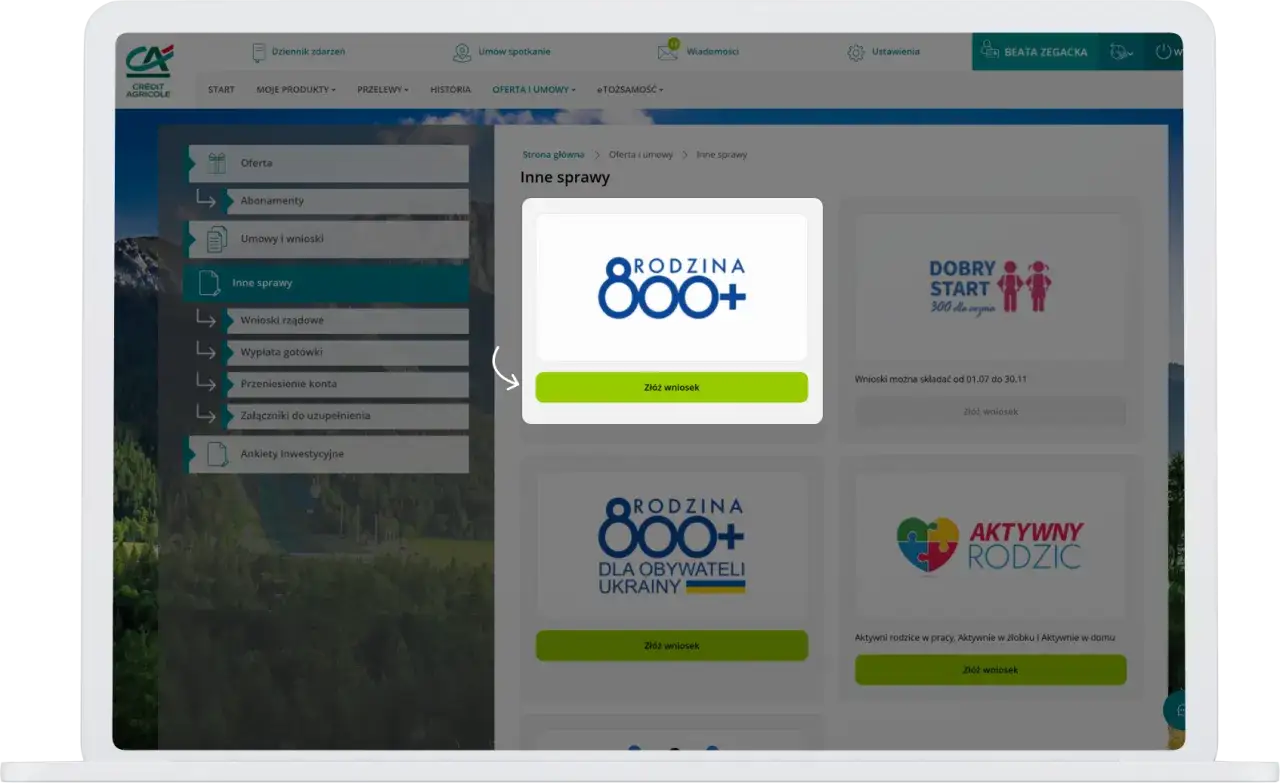 Okno dialogowe z logo "Rodzina 800+" i przyciskiem "Złóż wniosek".