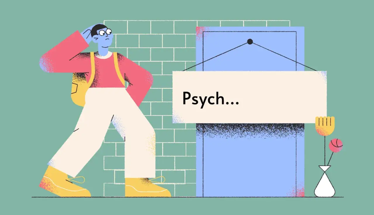 Osoba z plecakiem szuka wsparcia psychologicznego, podchodząc do drzwi z napisem "Psych...".