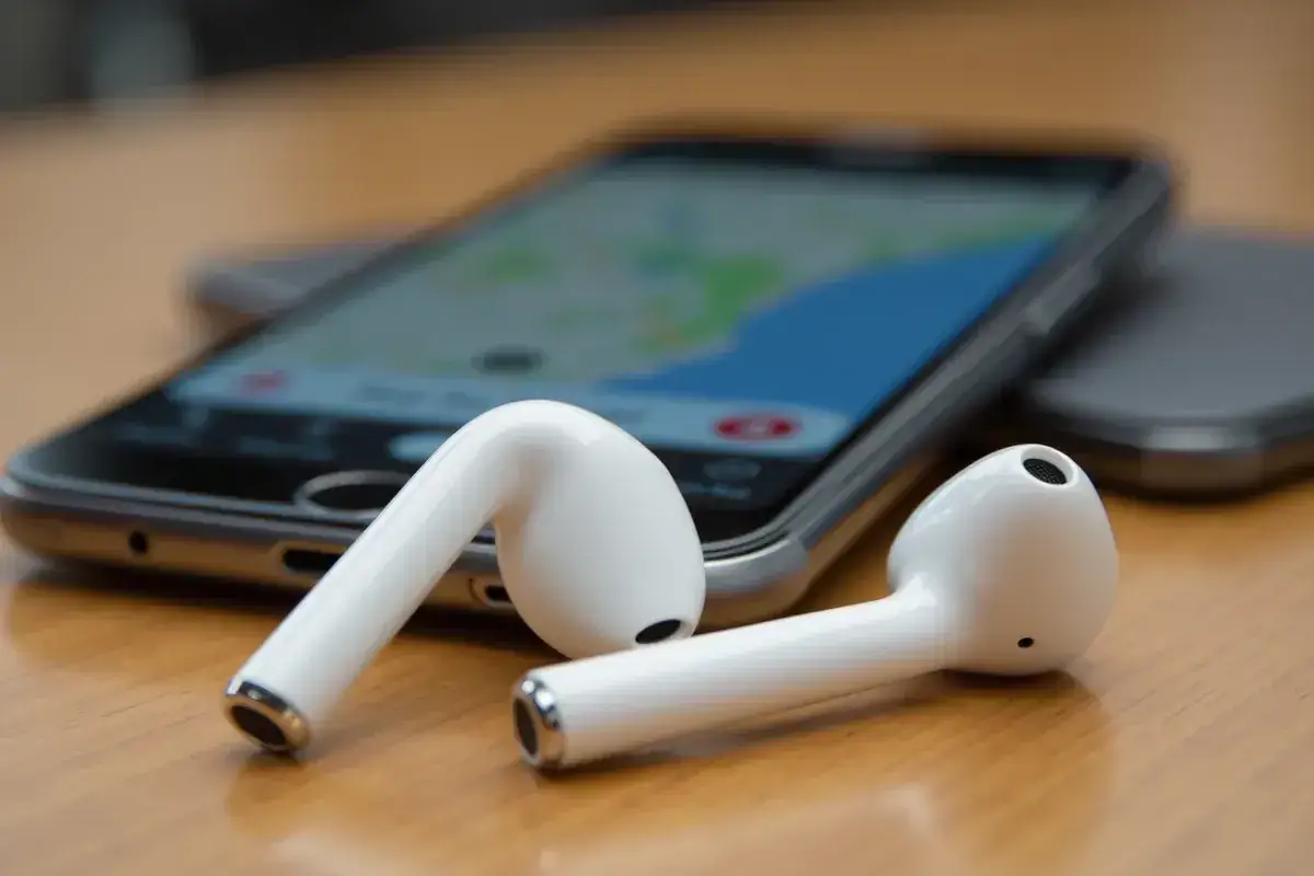Białe słuchawki AirPods leżące obok telefonu z mapą na ekranie.