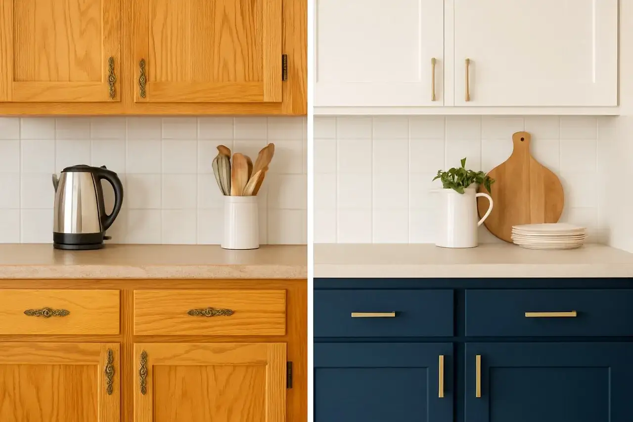 Przed i po: malowanie mebli sosnowych na biało i granatowo. Nowoczesne uchwyty zastąpiły stare.