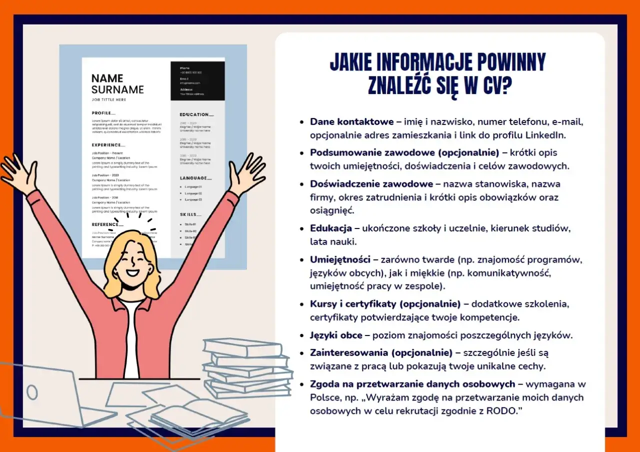 Ilustracja przedstawia kobietę z podniesionymi rękami obok CV i stosu książek.