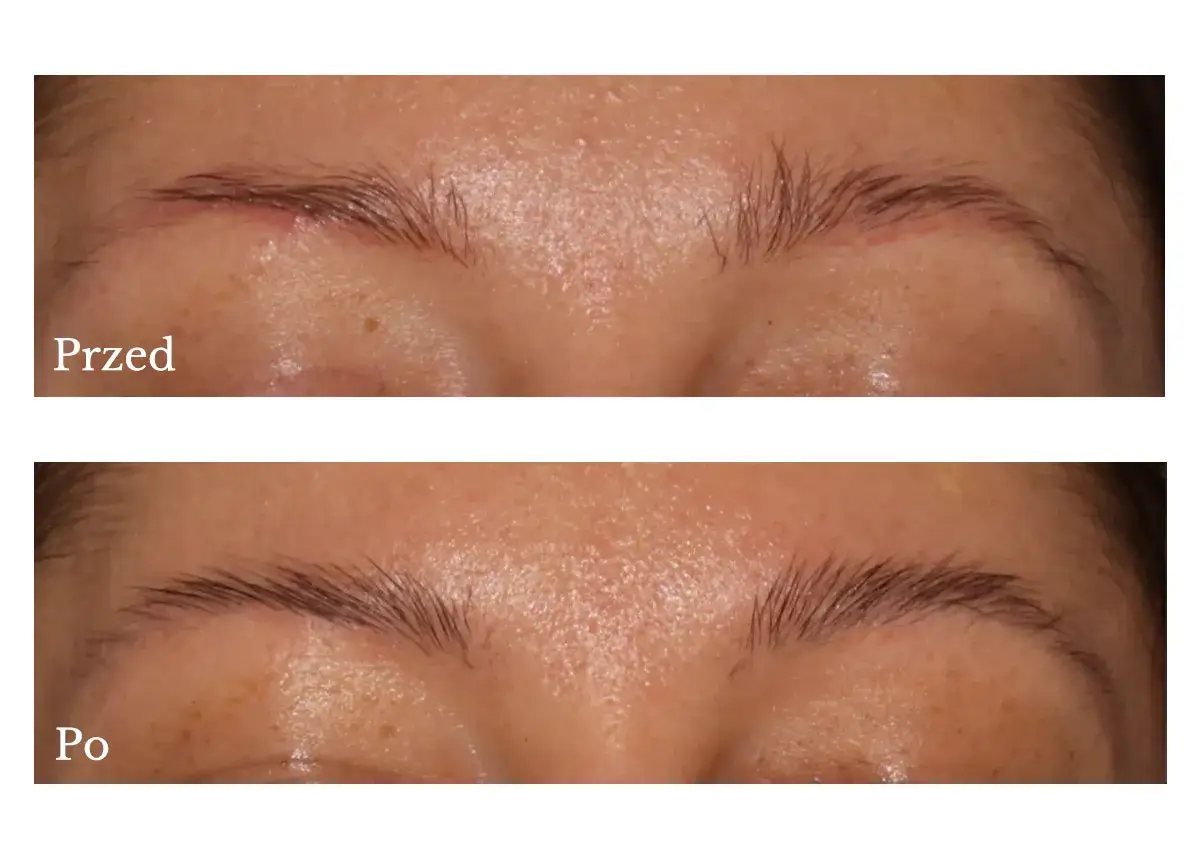 Przed i po makijażu permanentnym brwi. Henna podkreśla efekt, nadając im naturalny wygląd.