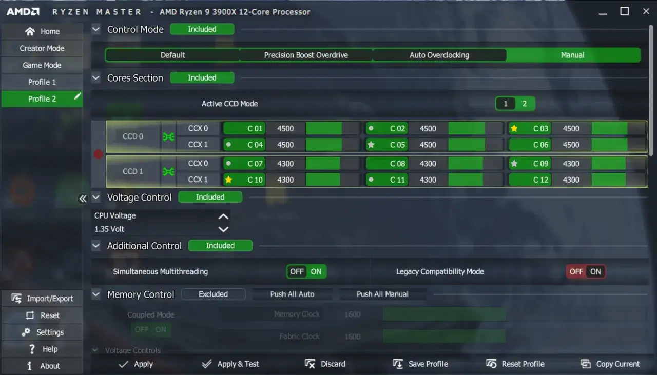 AMD Ryzen Master: try Precision Boost Overdrive for enhanced performance. Widok ustawień rdzeni procesora, napięcia i pamięci.