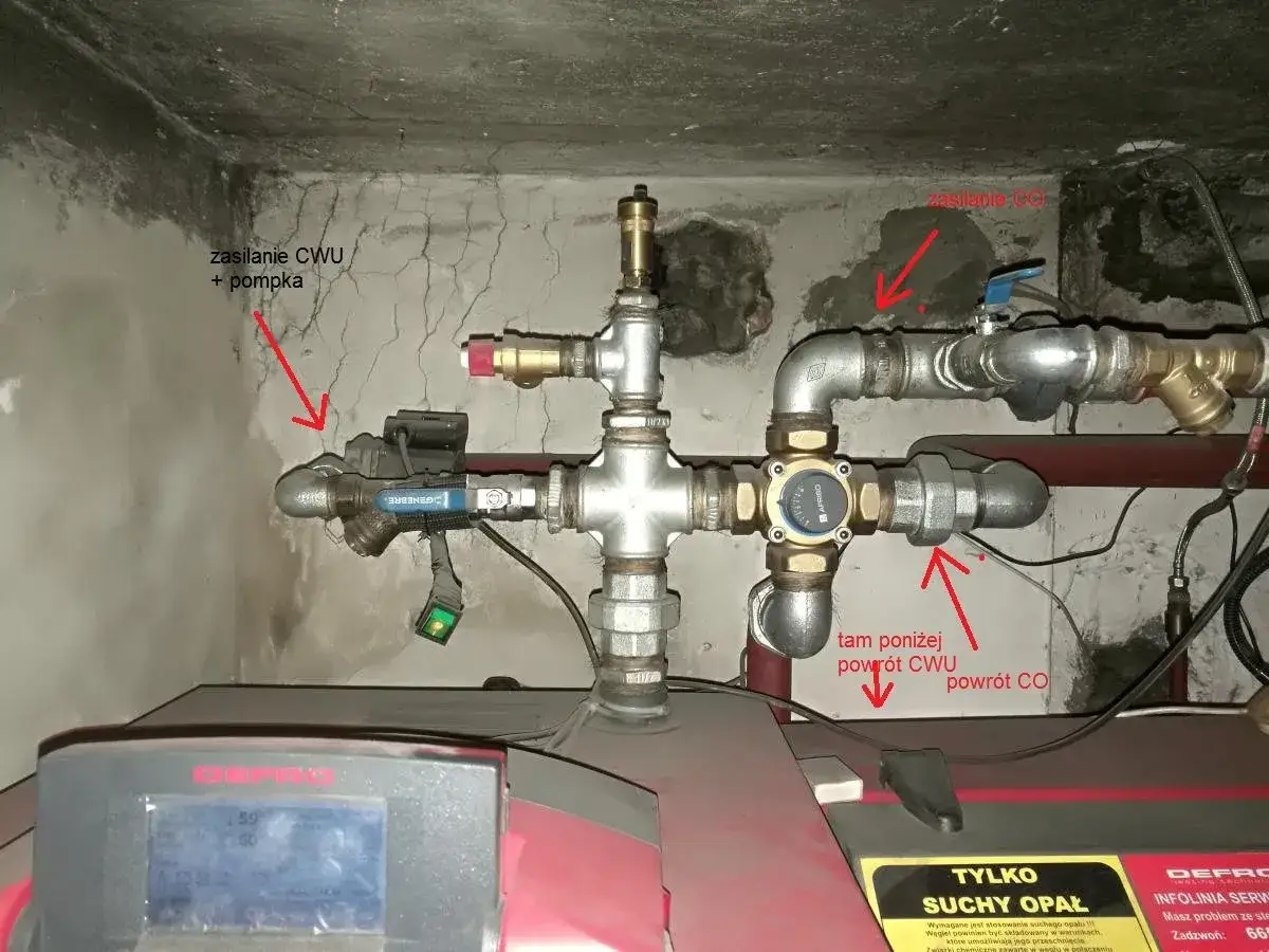 Instalacja grzewcza z pompą obiegową i zaworami. Na wyświetlaczu kotła widać temperaturę 59°C. To może pomóc oszacować, ile czasu nagrzewa się bojler 200l.