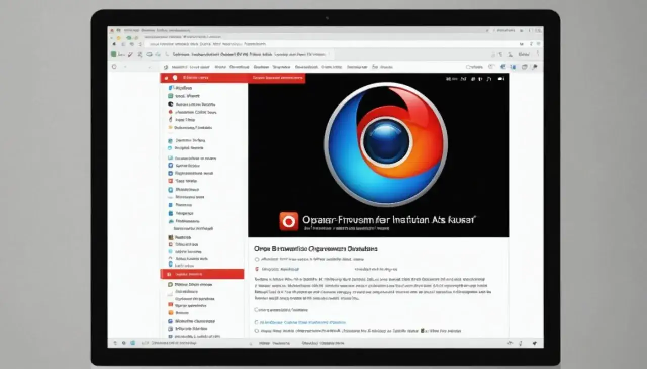 Instrukcja jak zainstalować przeglądarkę. Na ekranie laptopa widoczny jest interfejs przeglądarki z logo Firefox i tekstem.