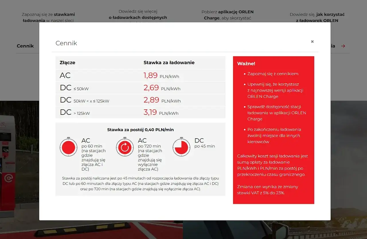 Cennik ładowania na Orlenie: AC 1,89 PLN/kWh, DC od 2,69 PLN/kWh. Stawka za postój 0,40 PLN/min.