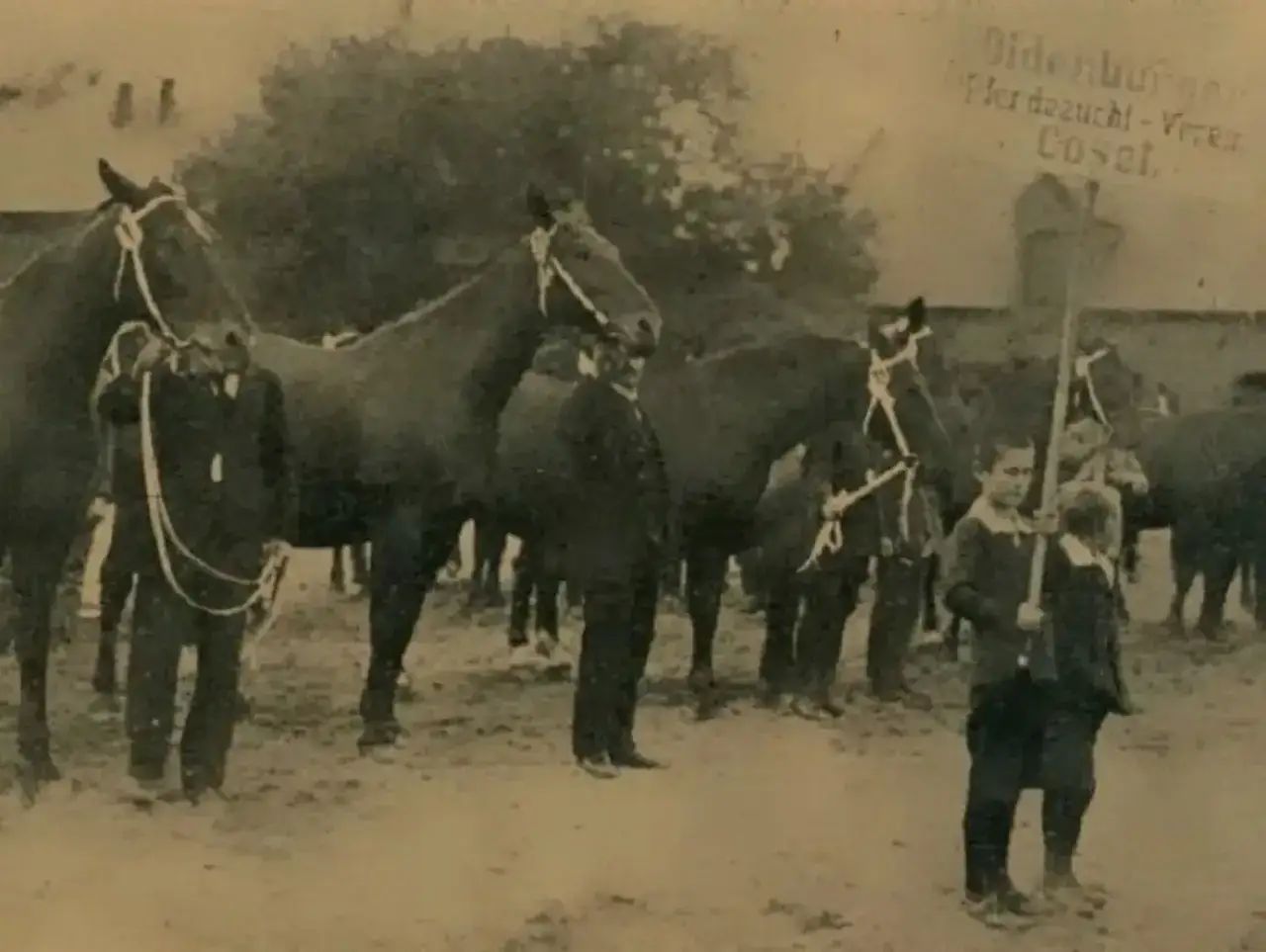 Dzieci niosą sztandar stowarzyszenia klub jeździecki Legia Kozielska. Konie i jeźdźcy w tle.