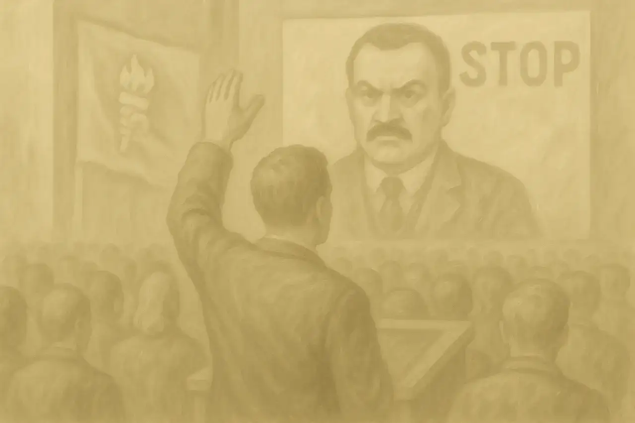 Mężczyzna z podniesioną ręką przed tłumem i portretem surowego przywódcy z napisem "STOP".