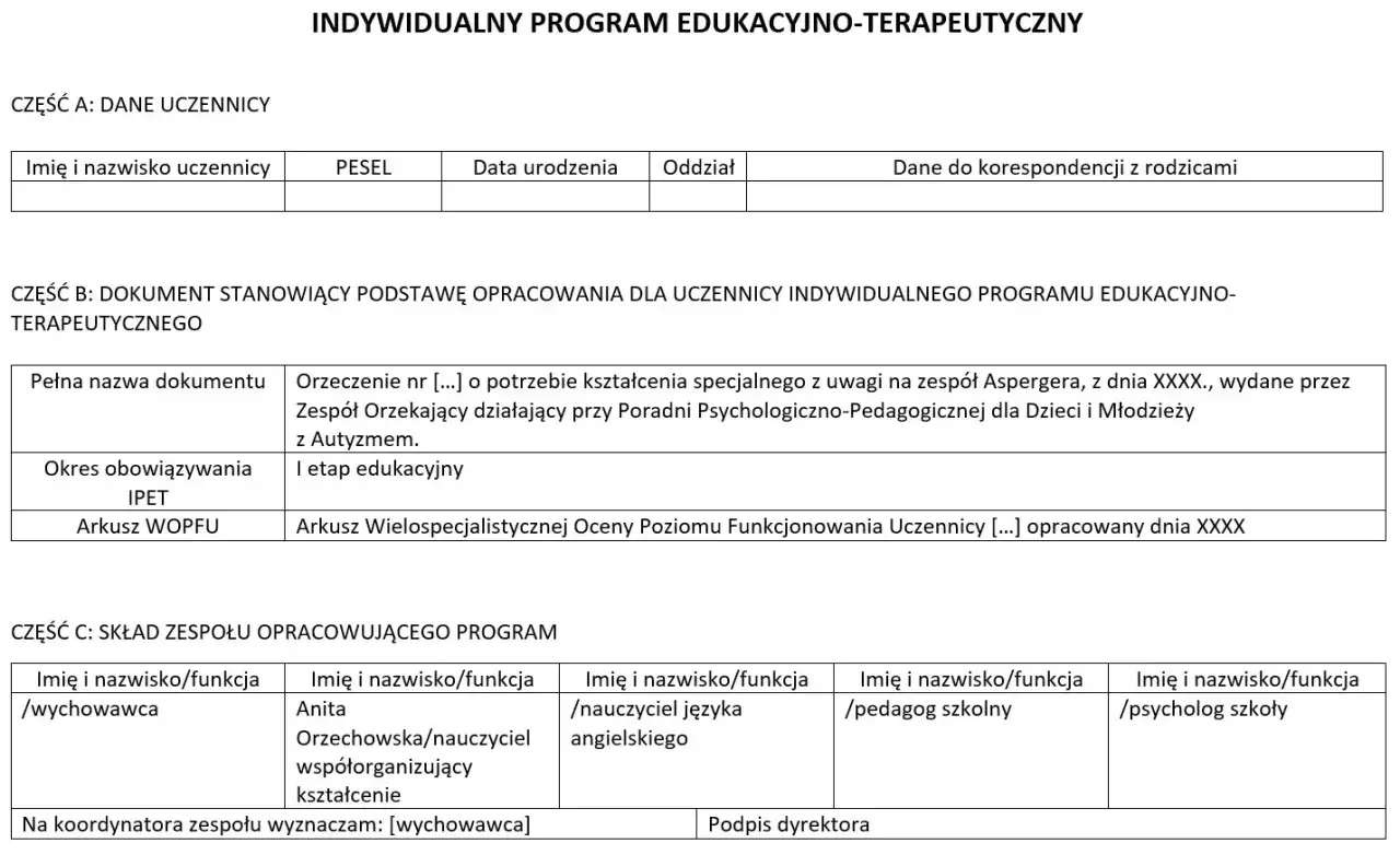 Formularz zawiera dane ucznia, podstawę opracowania indywidualnego programu edukacyjno-terapeutycznego oraz skład zespołu.